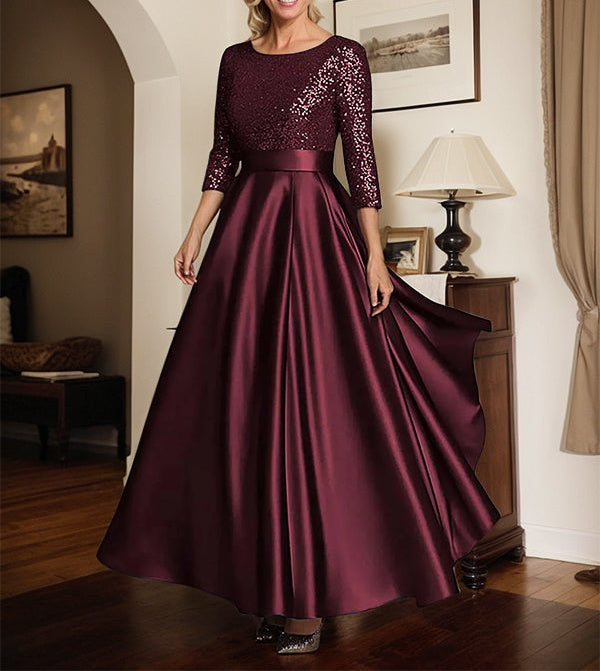 Sparkly Navy Scoop Neck Satin Mother of the Bride Dress with Sequins