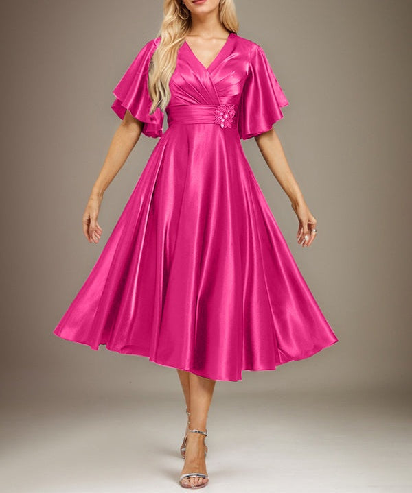 A-line V-Neck Tea-Length Stretch Satin Mother of the Bride Dress With Beading Pleated