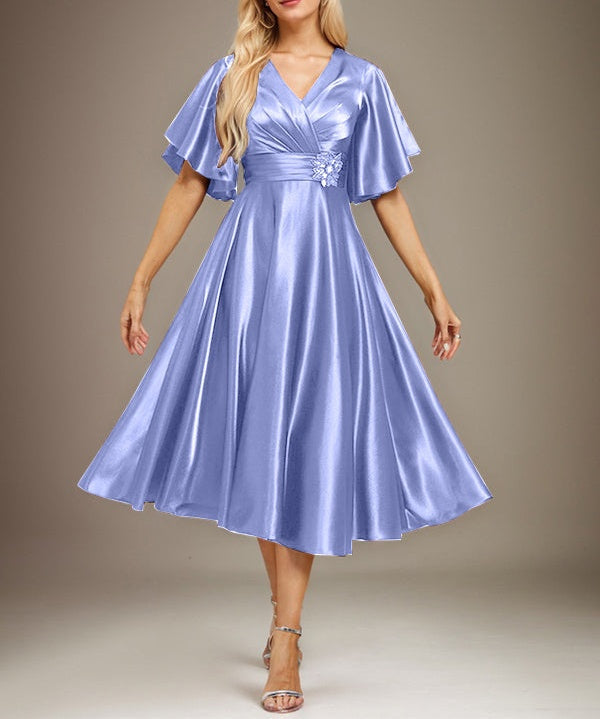 A-line V-Neck Tea-Length Stretch Satin Mother of the Bride Dress With Beading Pleated