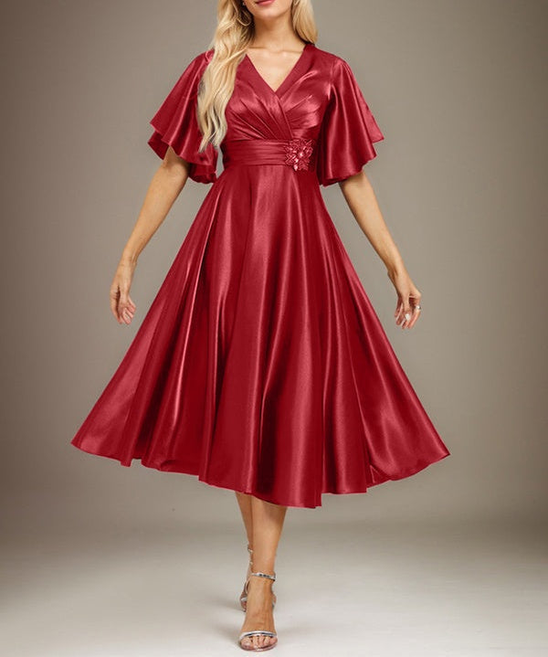 A-line V-Neck Tea-Length Stretch Satin Mother of the Bride Dress With Beading Pleated