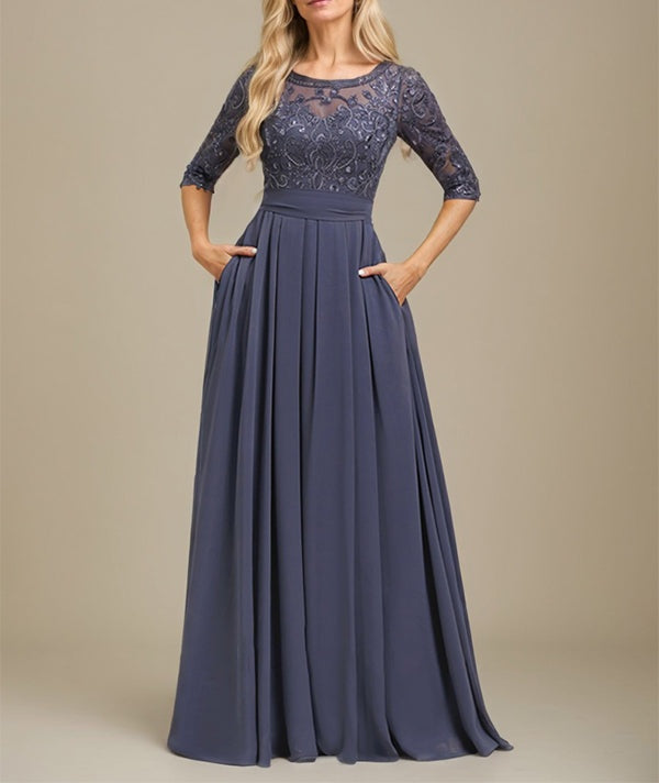 A-Line Scoop Floor-Length Lace Chiffon Mother Of the Bride Dress With Sequins Applique