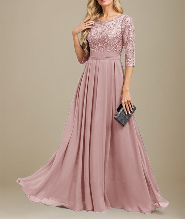 A-Line Scoop Floor-Length Lace Chiffon Mother Of the Bride Dress With Sequins Applique