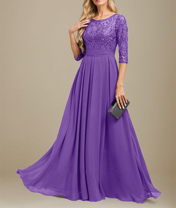 A-Line Scoop Floor-Length Lace Chiffon Mother Of the Bride Dress With Sequins Applique