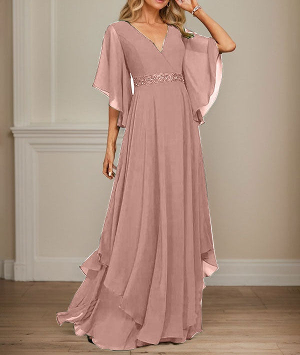 A-line V-Neck Floor-Length Chiffon Mother of the Bride Dress With Sequins Appliques Lace Beading