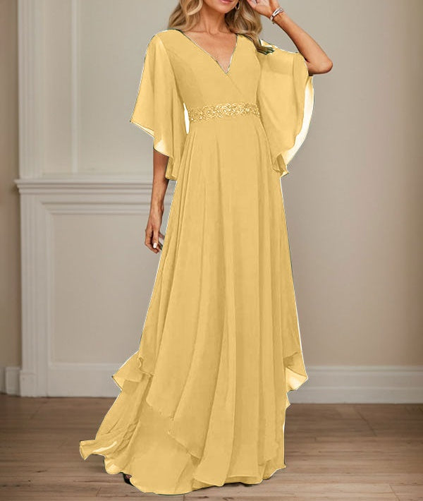 A-line V-Neck Floor-Length Chiffon Mother of the Bride Dress With Sequins Appliques Lace Beading