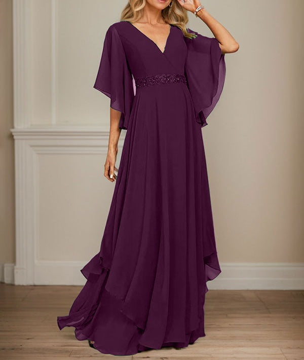 A-line V-Neck Floor-Length Chiffon Mother of the Bride Dress With Sequins Appliques Lace Beading