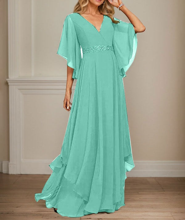A-line V-Neck Floor-Length Chiffon Mother of the Bride Dress With Sequins Appliques Lace Beading