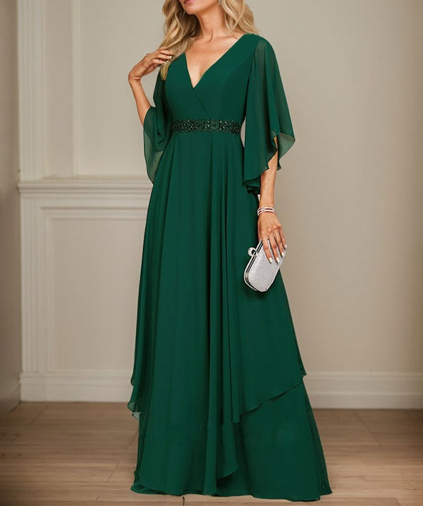 A-line V-Neck Floor-Length Chiffon Mother of the Bride Dress With Sequins Appliques Lace Beading