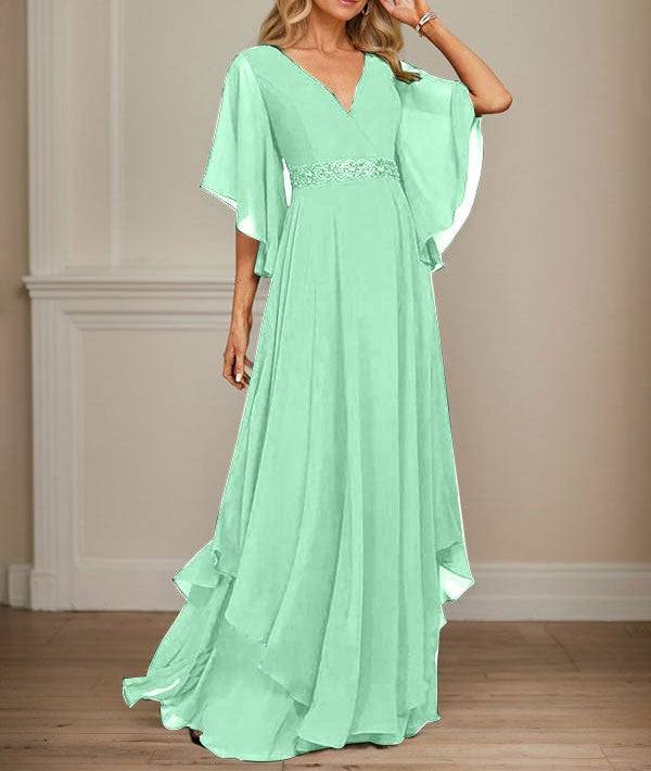 A-line V-Neck Floor-Length Chiffon Mother of the Bride Dress With Sequins Appliques Lace Beading