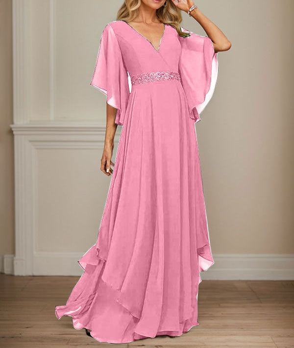 A-line V-Neck Floor-Length Chiffon Mother of the Bride Dress With Sequins Appliques Lace Beading