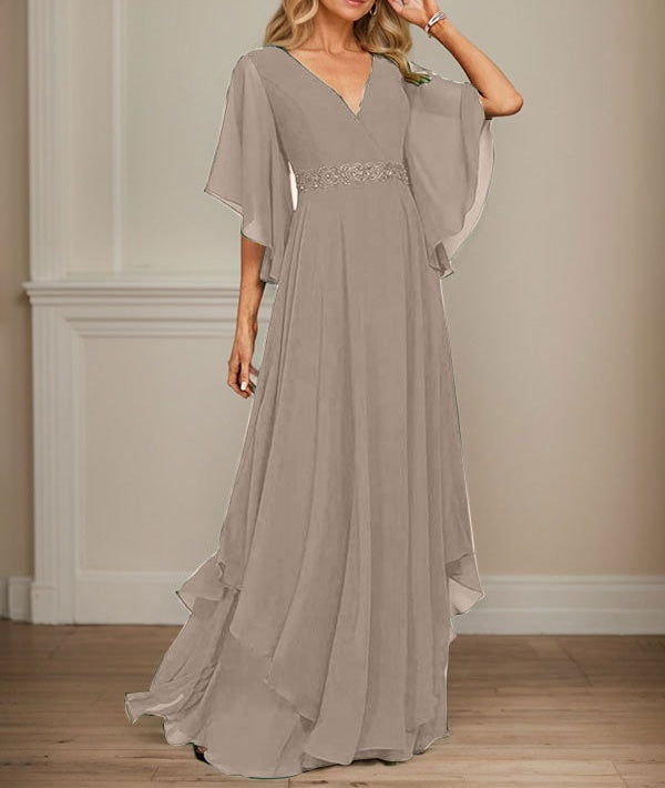 A-line V-Neck Floor-Length Chiffon Mother of the Bride Dress With Sequins Appliques Lace Beading