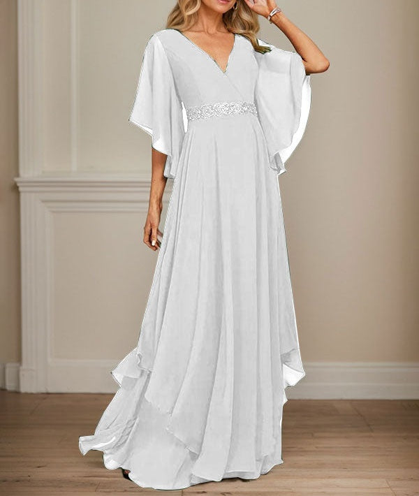 A-line V-Neck Floor-Length Chiffon Mother of the Bride Dress With Sequins Appliques Lace Beading