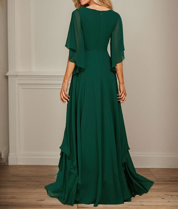A-line V-Neck Floor-Length Chiffon Mother of the Bride Dress With Sequins Appliques Lace Beading