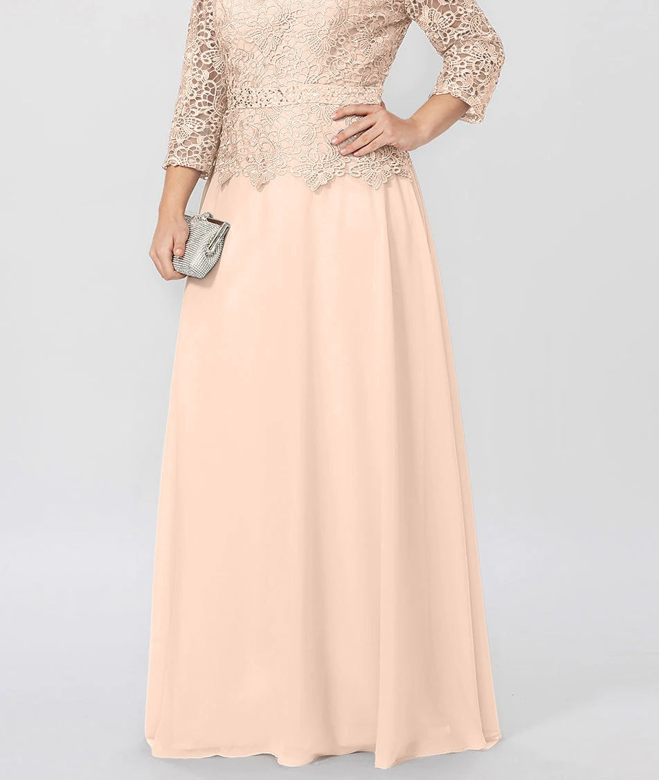 A-Line/Princess Round Neck 3/4 Length Sleeves Floor-Length Mother of the Bride Dresses with Applique & Sequins