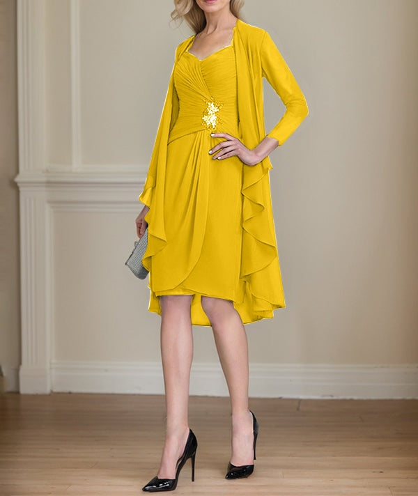 Sheath/Column Sweetheart Knee-Length Chiffon Mother of the Bride Dress With Beading Appliques Lace Sequins Pleated
