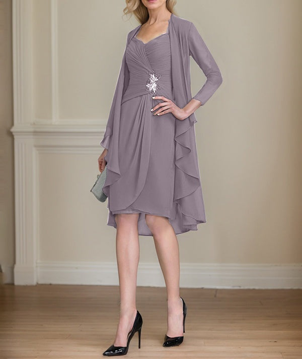 Sheath/Column Sweetheart Knee-Length Chiffon Mother of the Bride Dress With Beading Appliques Lace Sequins Pleated