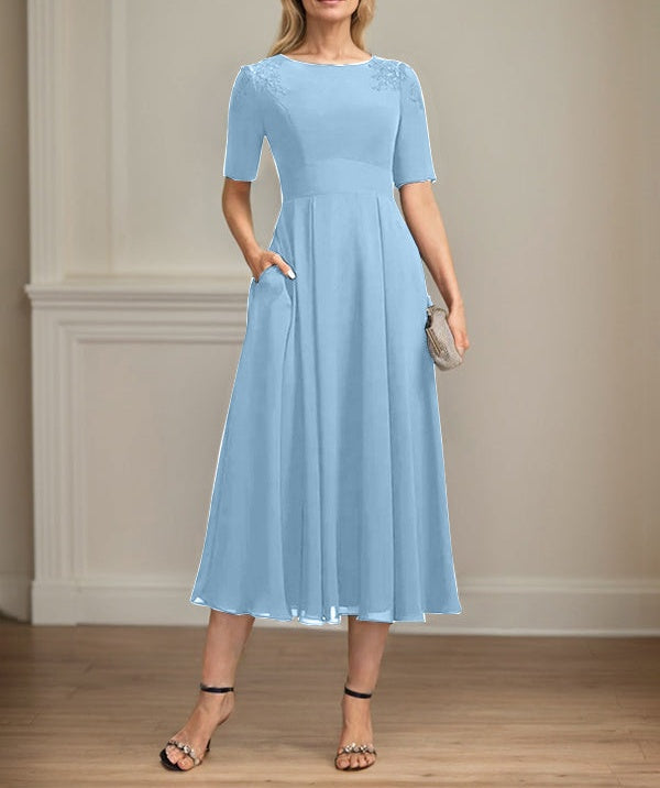 A-line Scoop Tea-Length Chiffon Mother of the Bride Dress With Appliques Lace Sequins