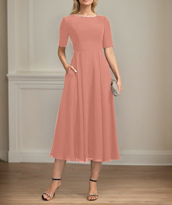 A-line Scoop Tea-Length Chiffon Mother of the Bride Dress With Appliques Lace Sequins