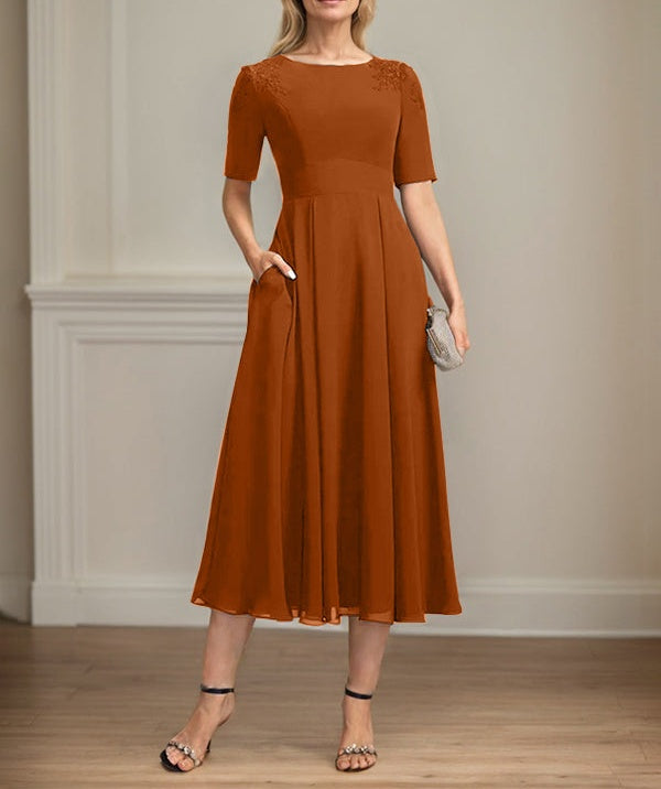A-line Scoop Tea-Length Chiffon Mother of the Bride Dress With Appliques Lace Sequins
