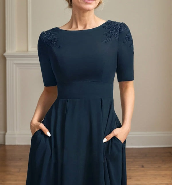 A-line Scoop Tea-Length Chiffon Mother of the Bride Dress With Appliques Lace Sequins
