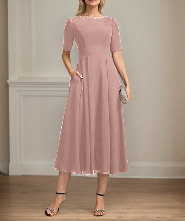 A-line Scoop Tea-Length Chiffon Mother of the Bride Dress With Appliques Lace Sequins