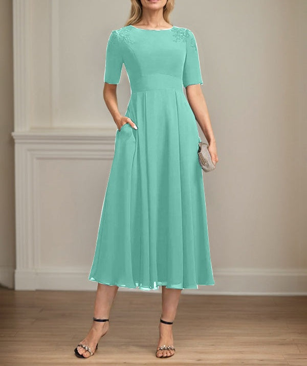 A-line Scoop Tea-Length Chiffon Mother of the Bride Dress With Appliques Lace Sequins