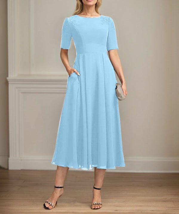 A-line Scoop Tea-Length Chiffon Mother of the Bride Dress With Appliques Lace Sequins