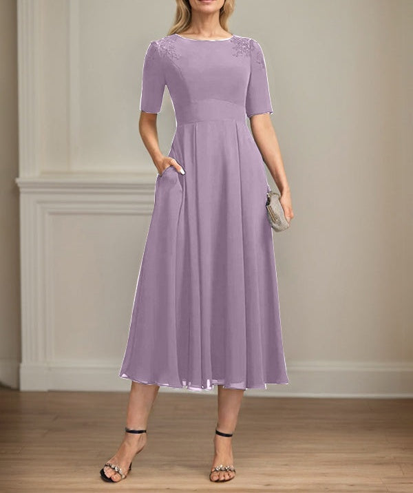 A-line Scoop Tea-Length Chiffon Mother of the Bride Dress With Appliques Lace Sequins