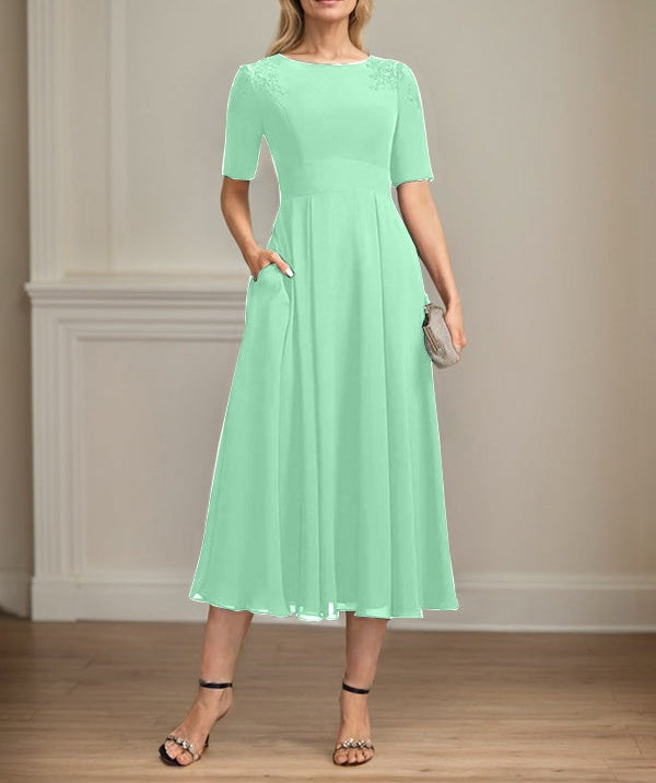 A-line Scoop Tea-Length Chiffon Mother of the Bride Dress With Appliques Lace Sequins