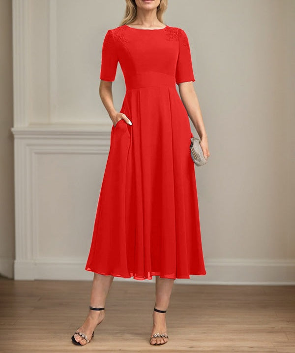 A-line Scoop Tea-Length Chiffon Mother of the Bride Dress With Appliques Lace Sequins