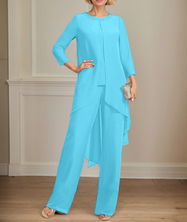 Separates Jumpsuit/Pantsuit Scoop Floor-Length Chiffon Mother of the Bride Dress With Sequins Beading