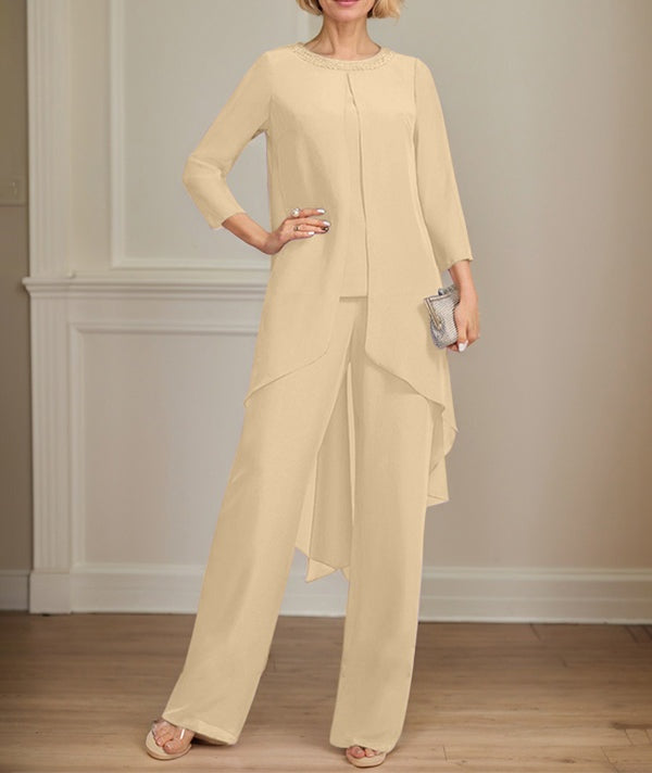 Separates Jumpsuit/Pantsuit Scoop Floor-Length Chiffon Mother of the Bride Dress With Sequins Beading
