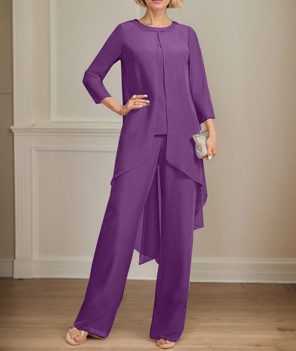 Separates Jumpsuit/Pantsuit Scoop Floor-Length Chiffon Mother of the Bride Dress With Sequins Beading