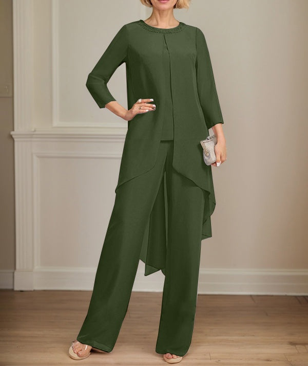 Separates Jumpsuit/Pantsuit Scoop Floor-Length Chiffon Mother of the Bride Dress With Sequins Beading
