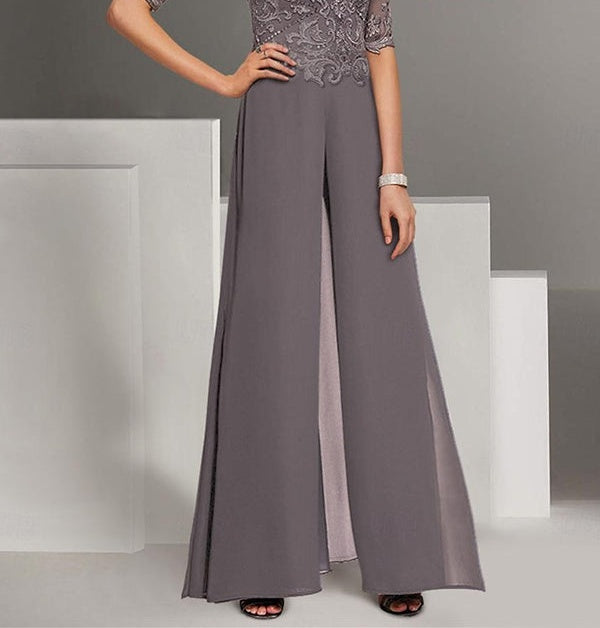 Chiffon half Sleeves Mother of the Bride Pantsuits with Lace