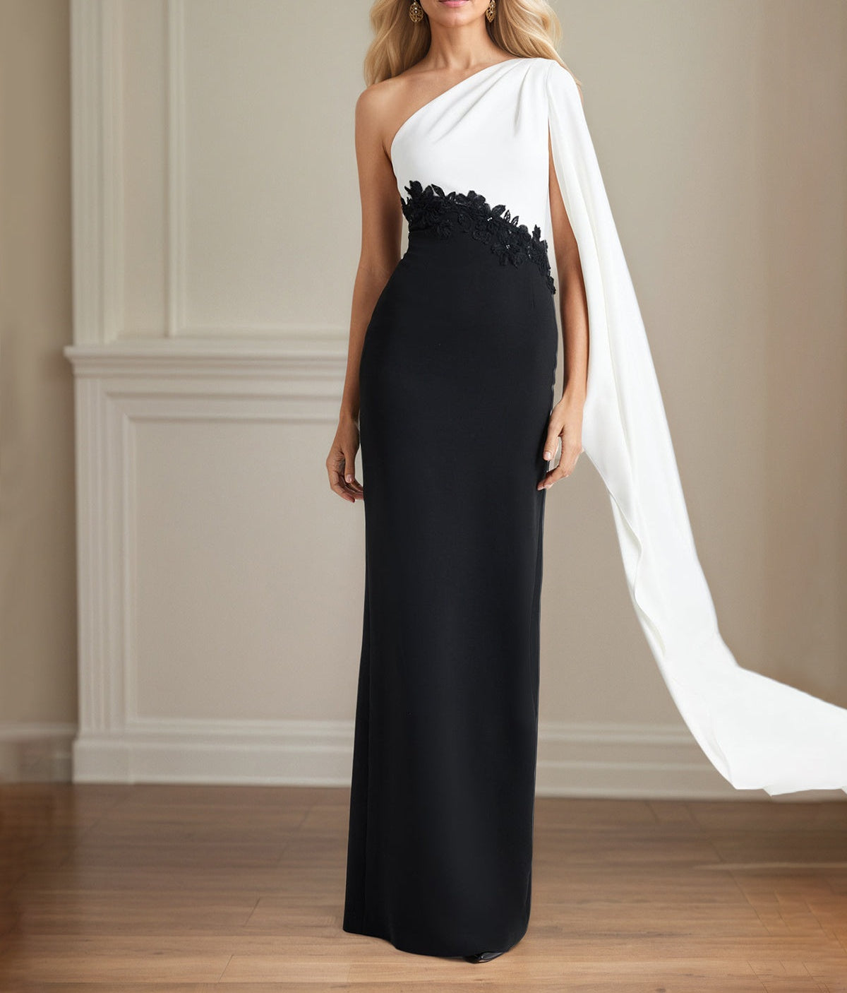 Black Stretch Crepe Sheath/Column One Shoulder Floor Length Mother of the Bride Dresses