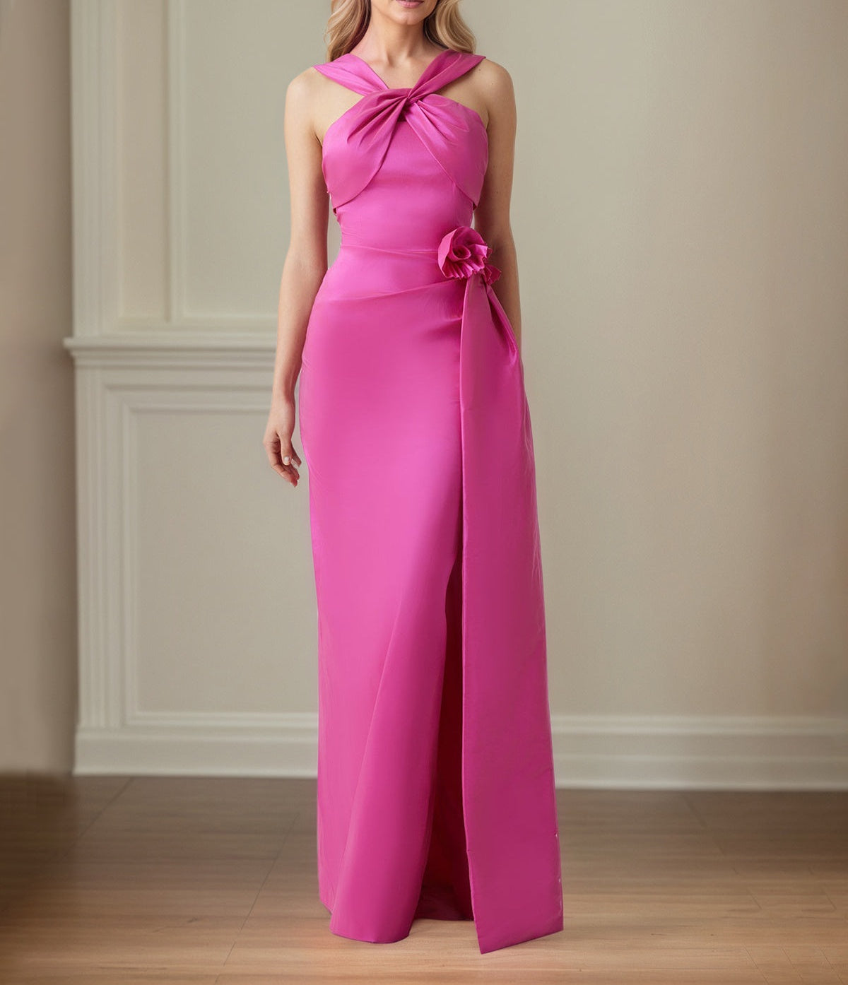 Deep Pink Satin Sheath/Column Cross Halter Floor Length Mother of the Bride Dresses