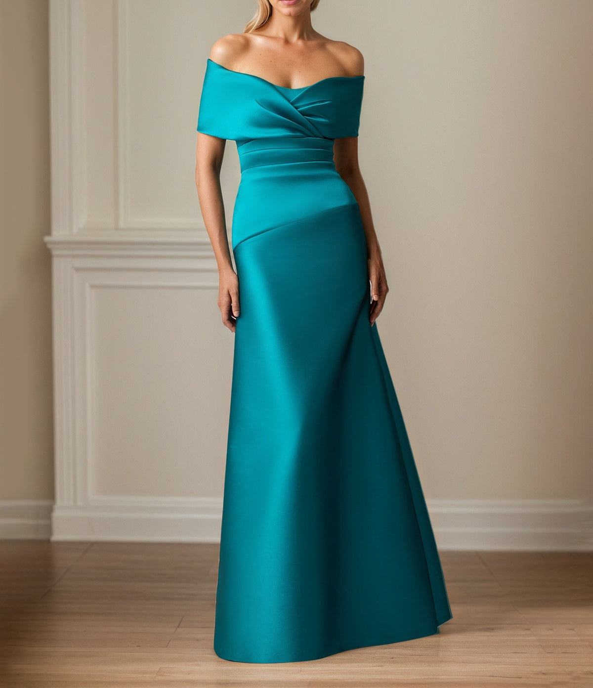 Teal Satin Sheath/Column Off The Shoulder Sleeveless Floor Length Mother of the Bride Dresses