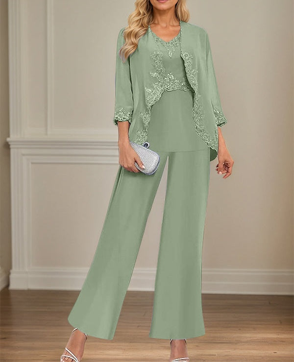 Elegant Simple Scoop Neck Floor Length Mother of the Bride Pantsuit Wedding Guest Dress