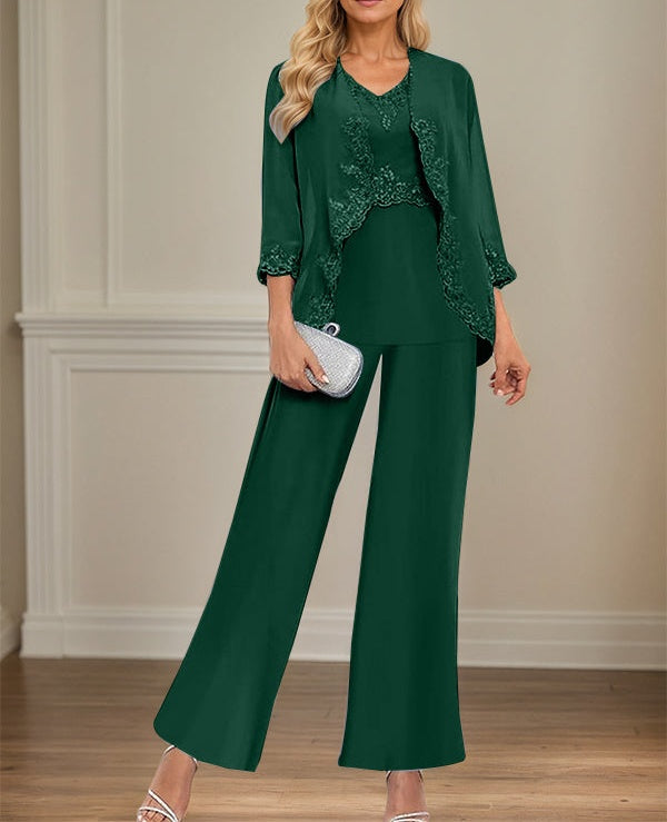 Elegant Simple Scoop Neck Floor Length Mother of the Bride Pantsuit Wedding Guest Dress