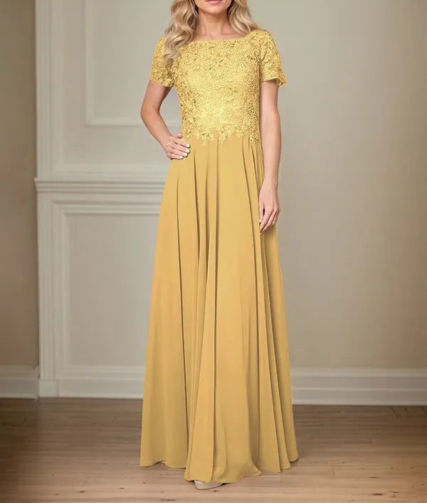 A Line Chiffon Boat Neck Short Sleeves Floor Length Pleated Mother of the Bride Dresses