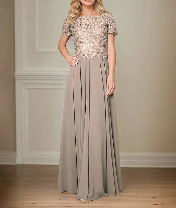 A Line Chiffon Boat Neck Short Sleeves Floor Length Pleated Mother of the Bride Dresses