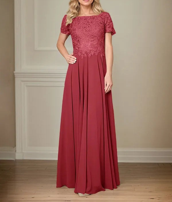 A Line Chiffon Boat Neck Short Sleeves Floor Length Pleated Mother of the Bride Dresses