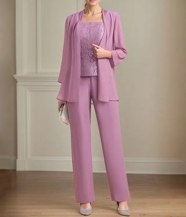 Chiffon Square Neck Sleeveless Floor Length Mother of the Bride Pantsuits