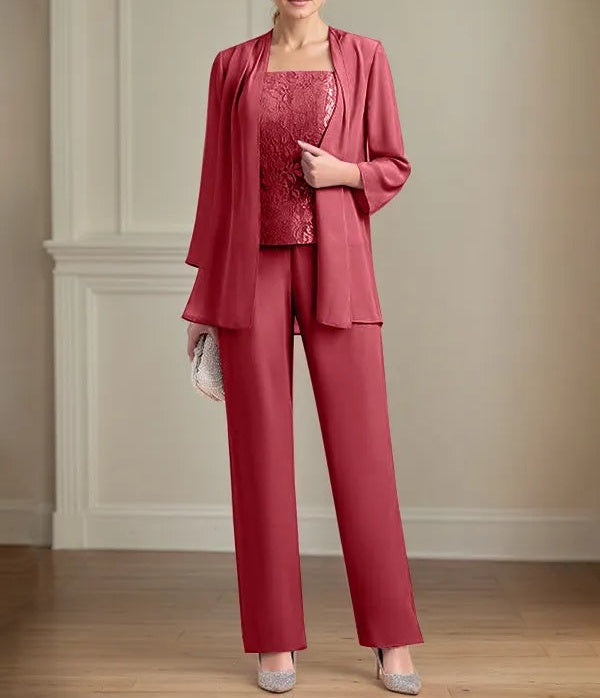 Chiffon Square Neck Sleeveless Floor Length Mother of the Bride Pantsuits