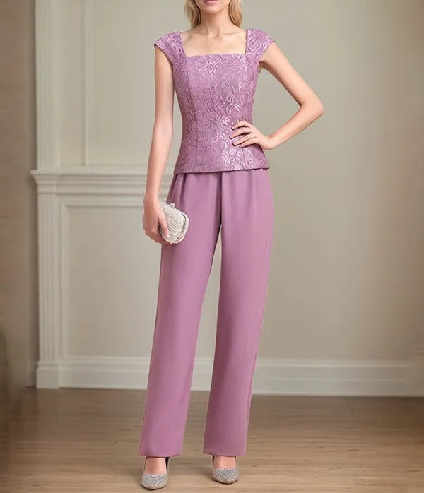 Chiffon Square Neck Sleeveless Floor Length Mother of the Bride Pantsuits