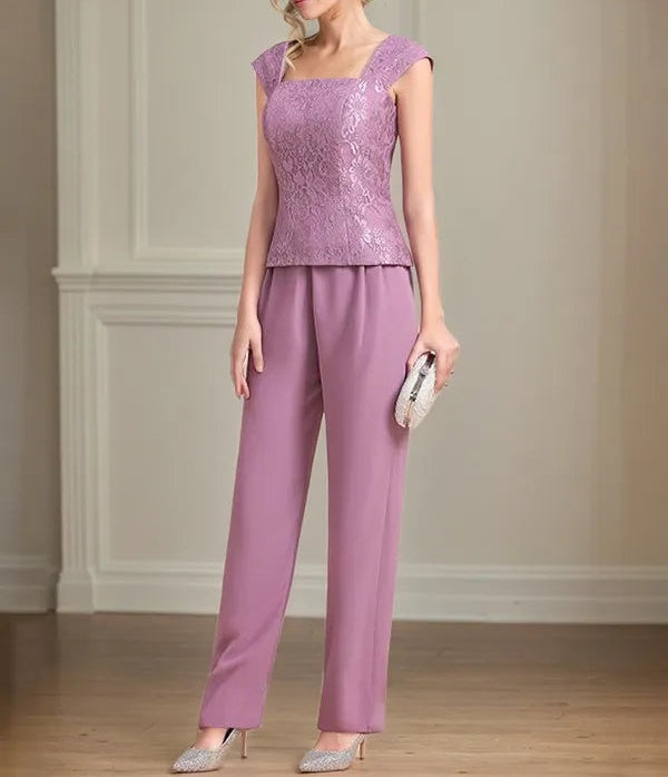 Chiffon Square Neck Sleeveless Floor Length Mother of the Bride Pantsuits