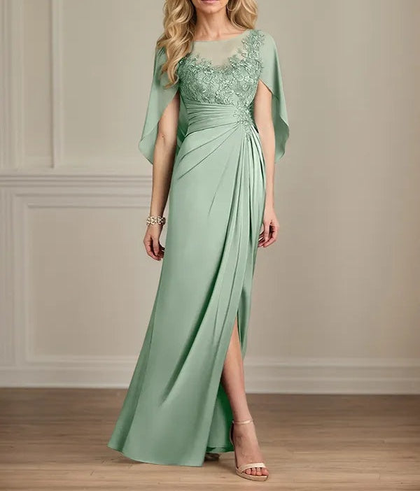Sheath/Column Satin Scoop Neck Cap Sleeves Floor Length Mother Of The Bride Dresses