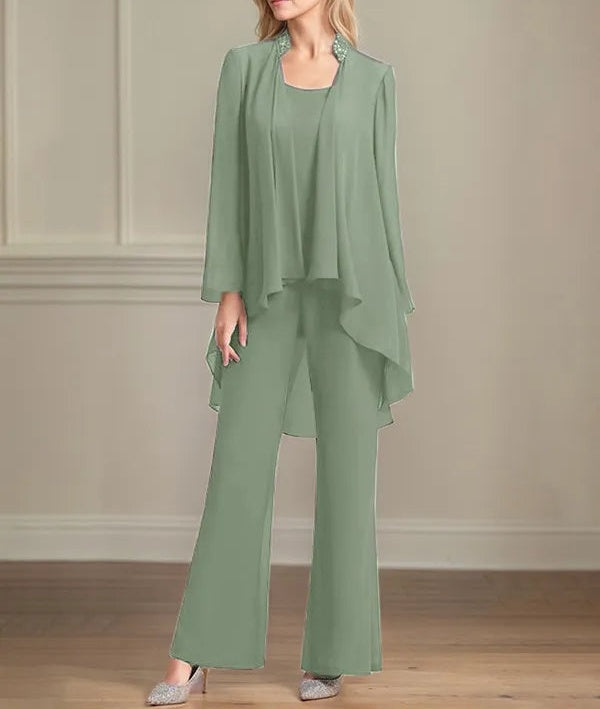 Chiffon Scoop Neck Long Sleeves Floor Length Mother Of The Bride Pantsuits