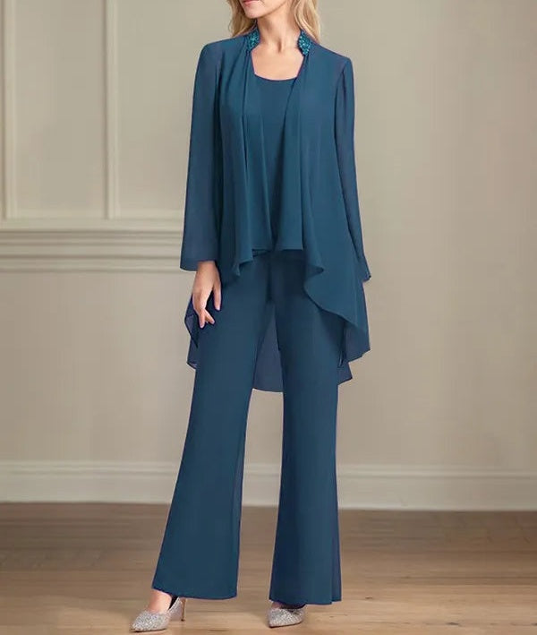 Chiffon Scoop Neck Long Sleeves Floor Length Mother Of The Bride Pantsuits